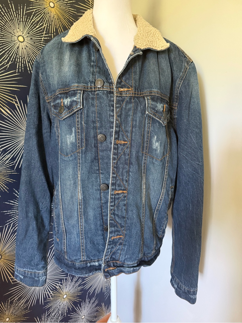 Aeropostale Men's Blue Denim Sherpa-Lined Denim Jacket